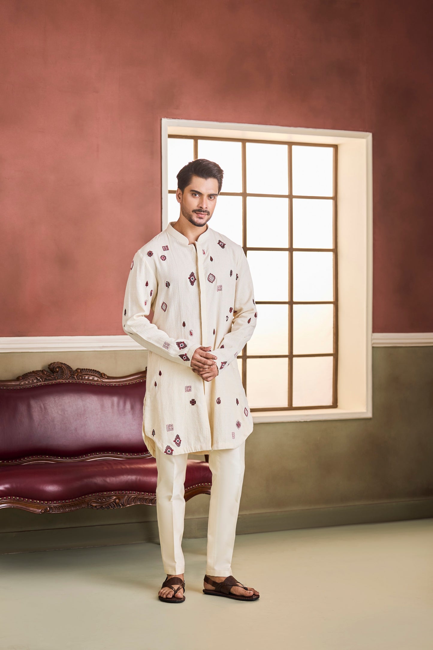 Cream Long Coat Kurta With Scattered Motifs