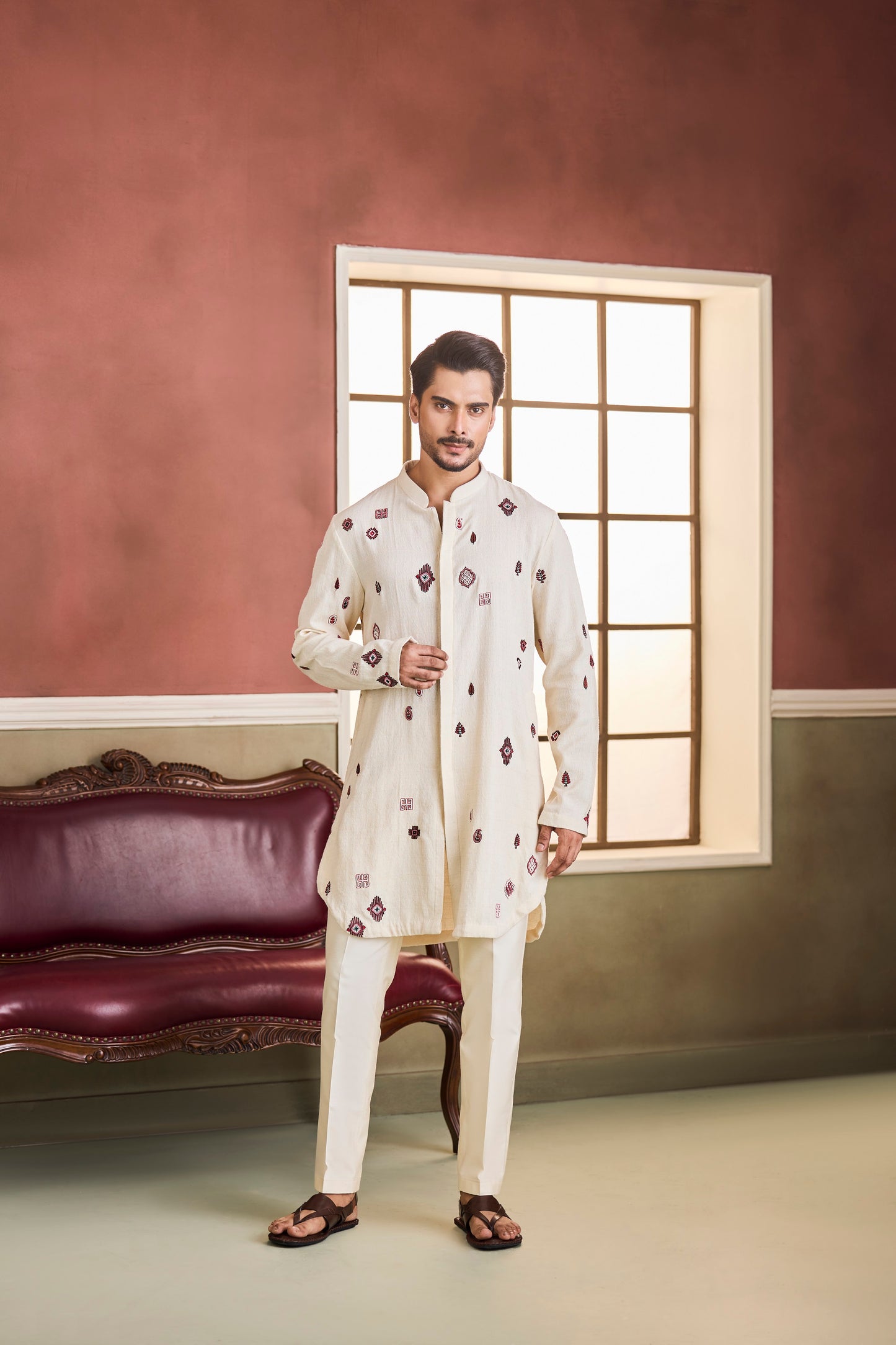 Cream Long Coat Kurta With Scattered Motifs